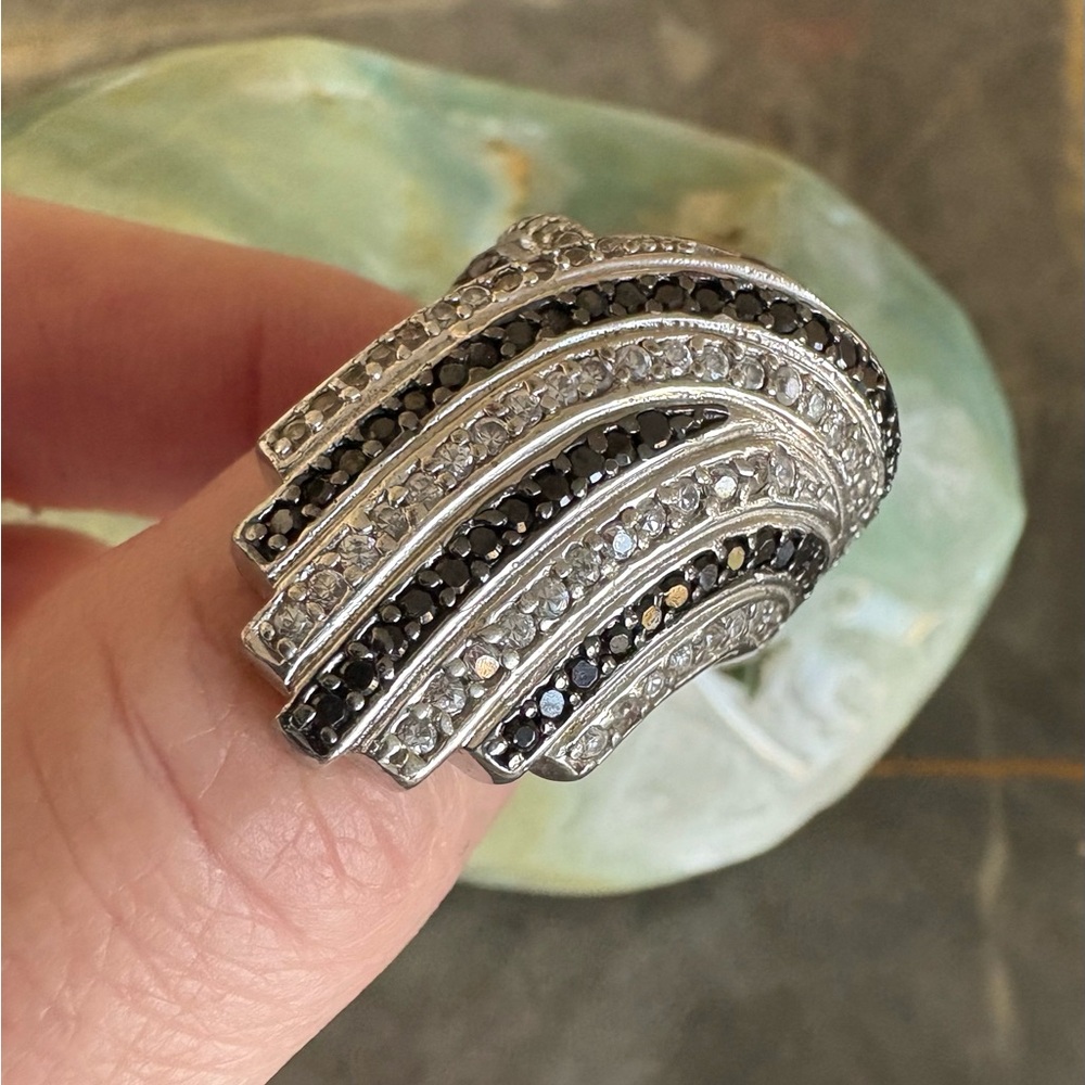 LARGE GENUINE Diamond Art Deco Ring White Black Diamonds Sz 7 925 Sterling S - Picture 3 of 16